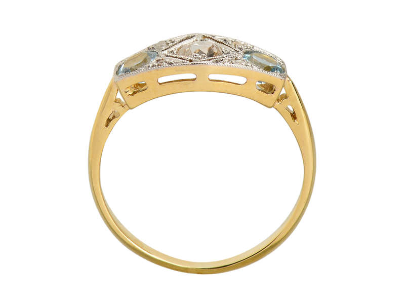 East West Aquamarine Old Mine Cut Diamond Ring