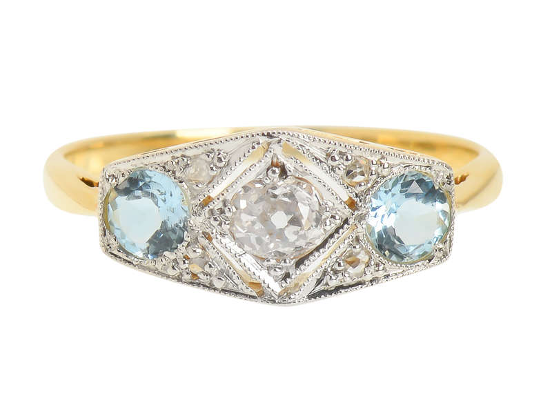 East West Aquamarine Old Mine Cut Diamond Ring