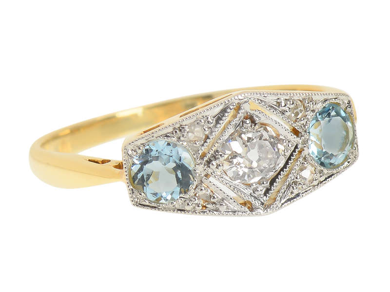 East West Aquamarine Old Mine Cut Diamond Ring