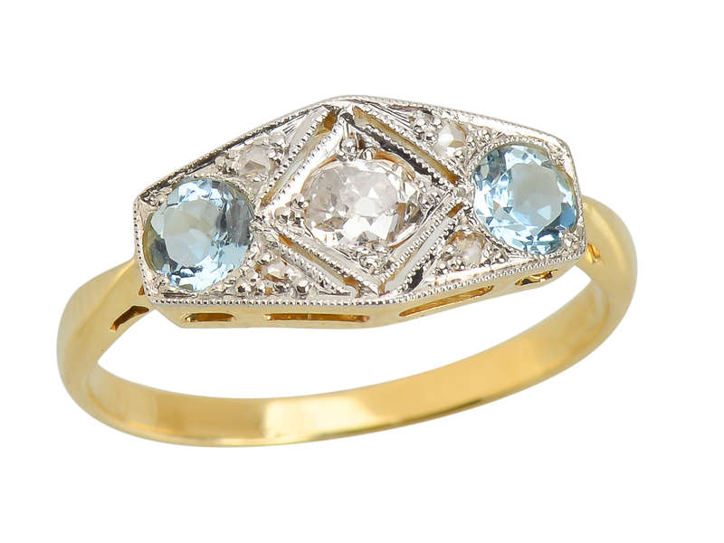 East West Aquamarine Old Mine Cut Diamond Ring