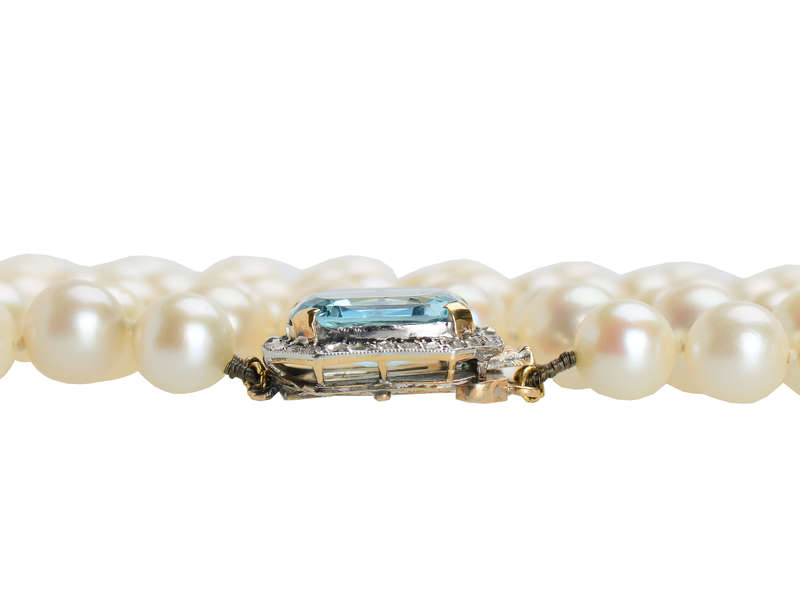 Estate Strand of Pearls & Aquamarine Diamond Clasp