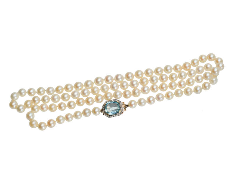 Estate Strand of Pearls & Aquamarine Diamond Clasp