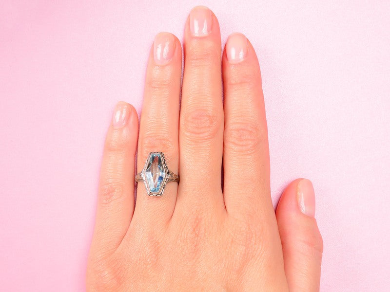 Art Deco Fancy Filigree Aquamarine Ring