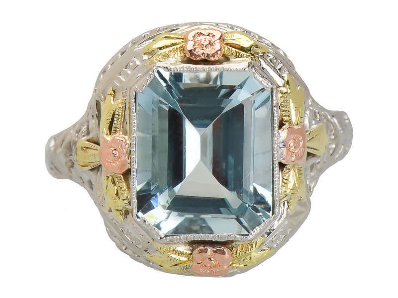 Three Color Gold Aquamarine Vintage Ring