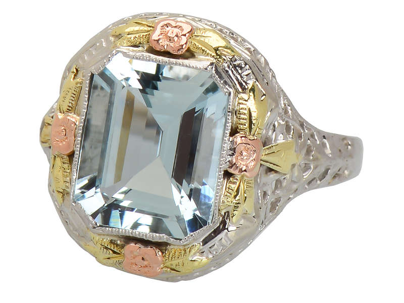 Three Color Gold Aquamarine Vintage Ring