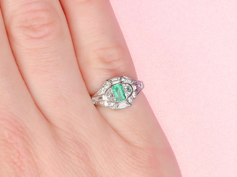 Art Deco Fancy Cut Emerald Diamond Ring
