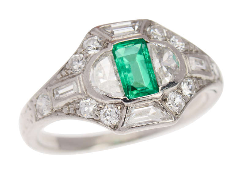 
                      
                        Art Deco Fancy Cut Emerald Diamond Ring
                      
                    