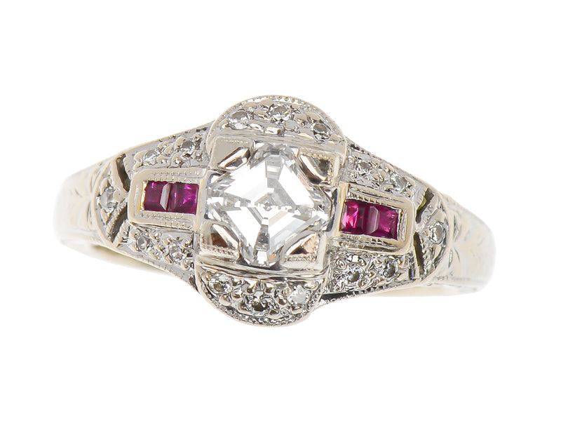 Vintage Asscher Diamond Ruby Ring