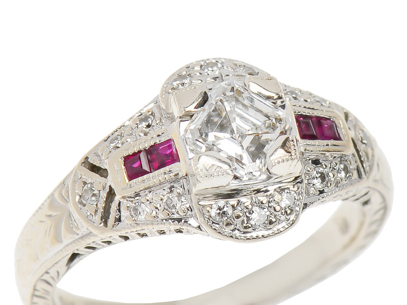 Vintage Asscher Diamond Ruby Ring