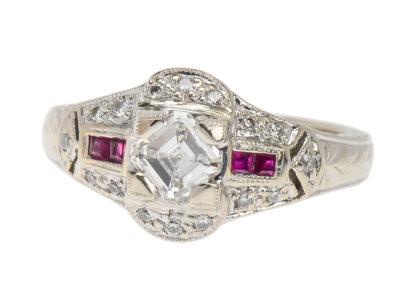Vintage Asscher Diamond Ruby Ring