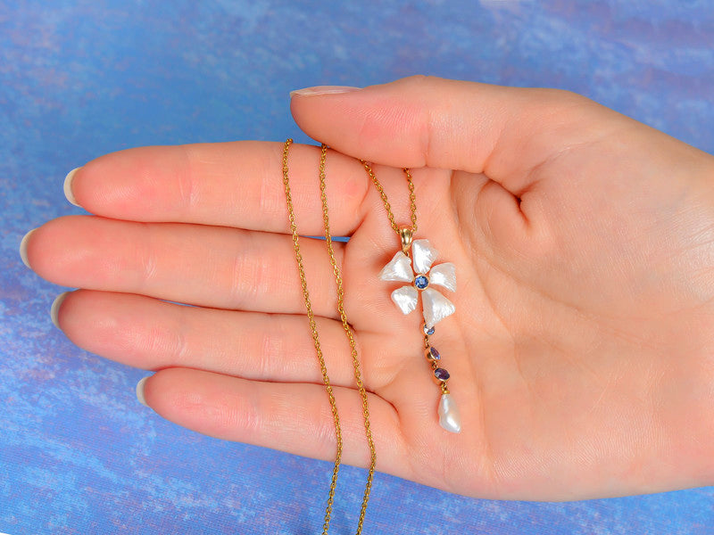 Art Nouveau Sapphire Pearl Pendant & Chain