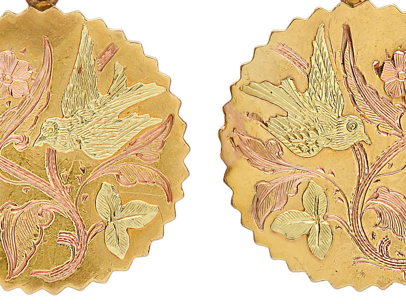 Victorian Three Color Gold Bird & Butterfly Earrings