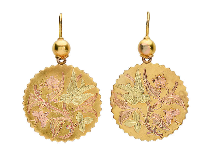 Victorian Three Color Gold Bird & Butterfly Earrings