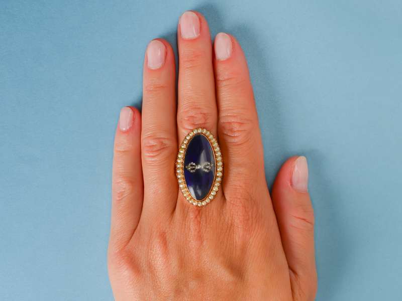 Georgian Diamond, Pearl Blue Enamel Ring c. 1790