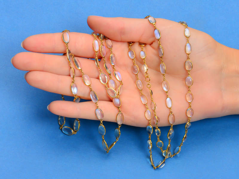 Many Moons - LONG Blue Moonstone Yellow Gold Necklace
