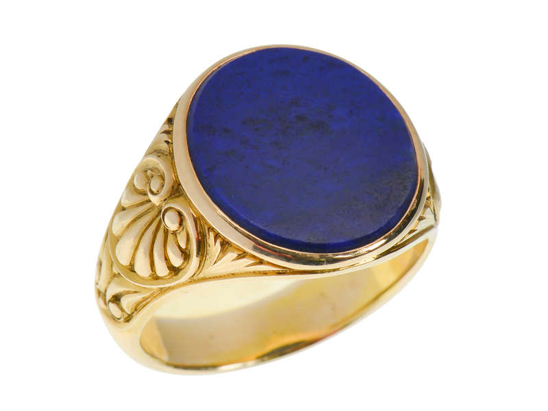 Carved Gold Palmette Leaf & Lapis Lazuli Ring