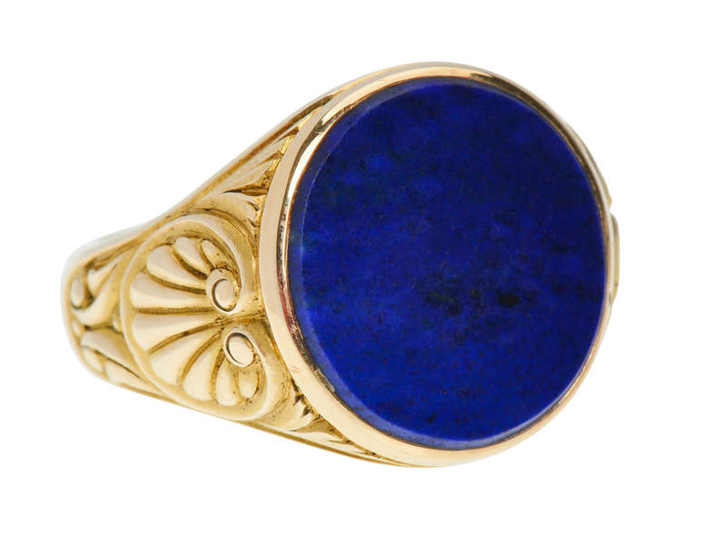 Carved Gold Palmette Leaf & Lapis Lazuli Ring