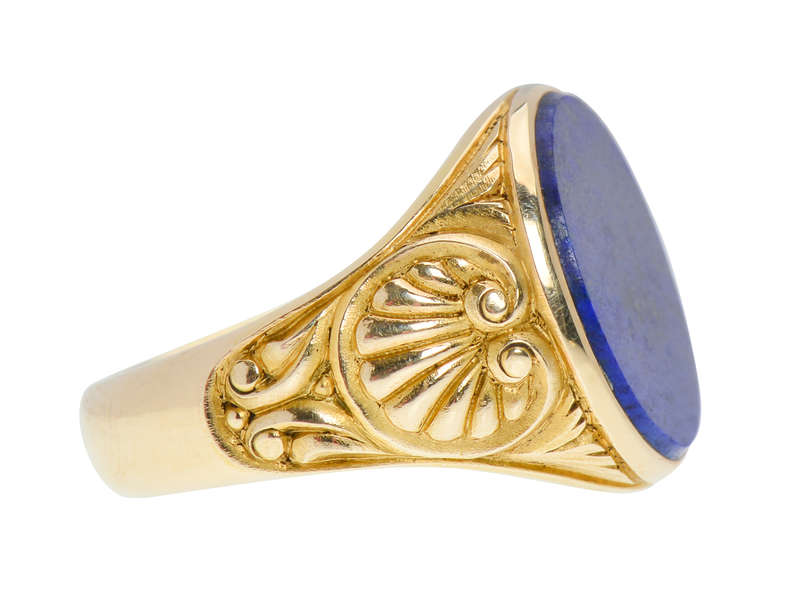 Carved Gold Palmette Leaf & Lapis Lazuli Ring