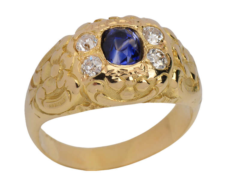 Distinction - Sapphire Diamond Carved Gold Ring