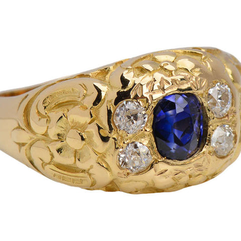 Distinction - Sapphire Diamond Carved Gold Ring