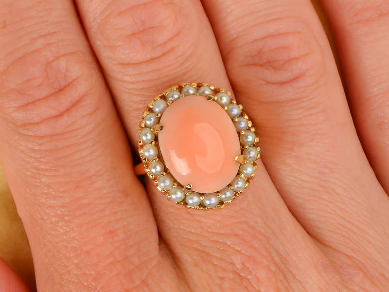 Vintage Angel Skin Coral & Cultured Pearl Ring