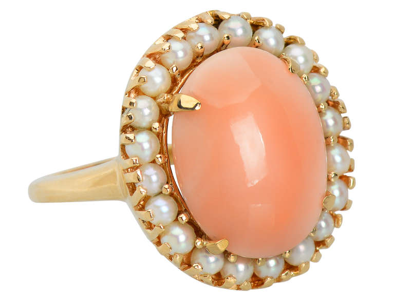 Vintage Angel Skin Coral & Cultured Pearl Ring