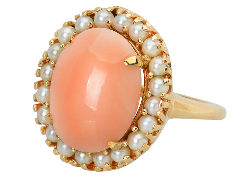 Vintage Angel Skin Coral & Cultured Pearl Ring
