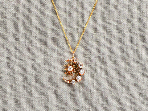 Victorian Crescent Moon Star Pendant Diamonds
