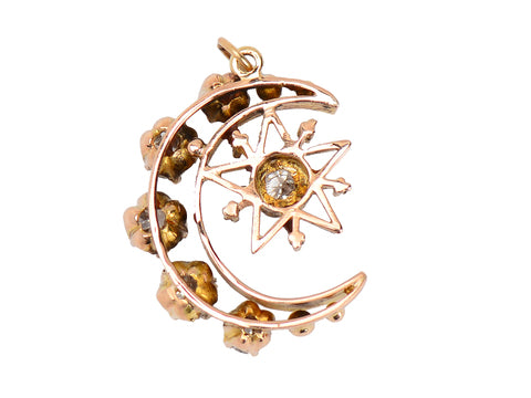 Victorian Crescent Moon Star Pendant Diamonds
