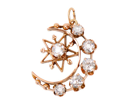 Victorian Crescent Moon Star Pendant Diamonds