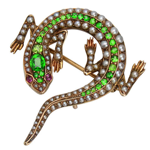 Art Nouveau Demantoid Pearl Lizard Brooch