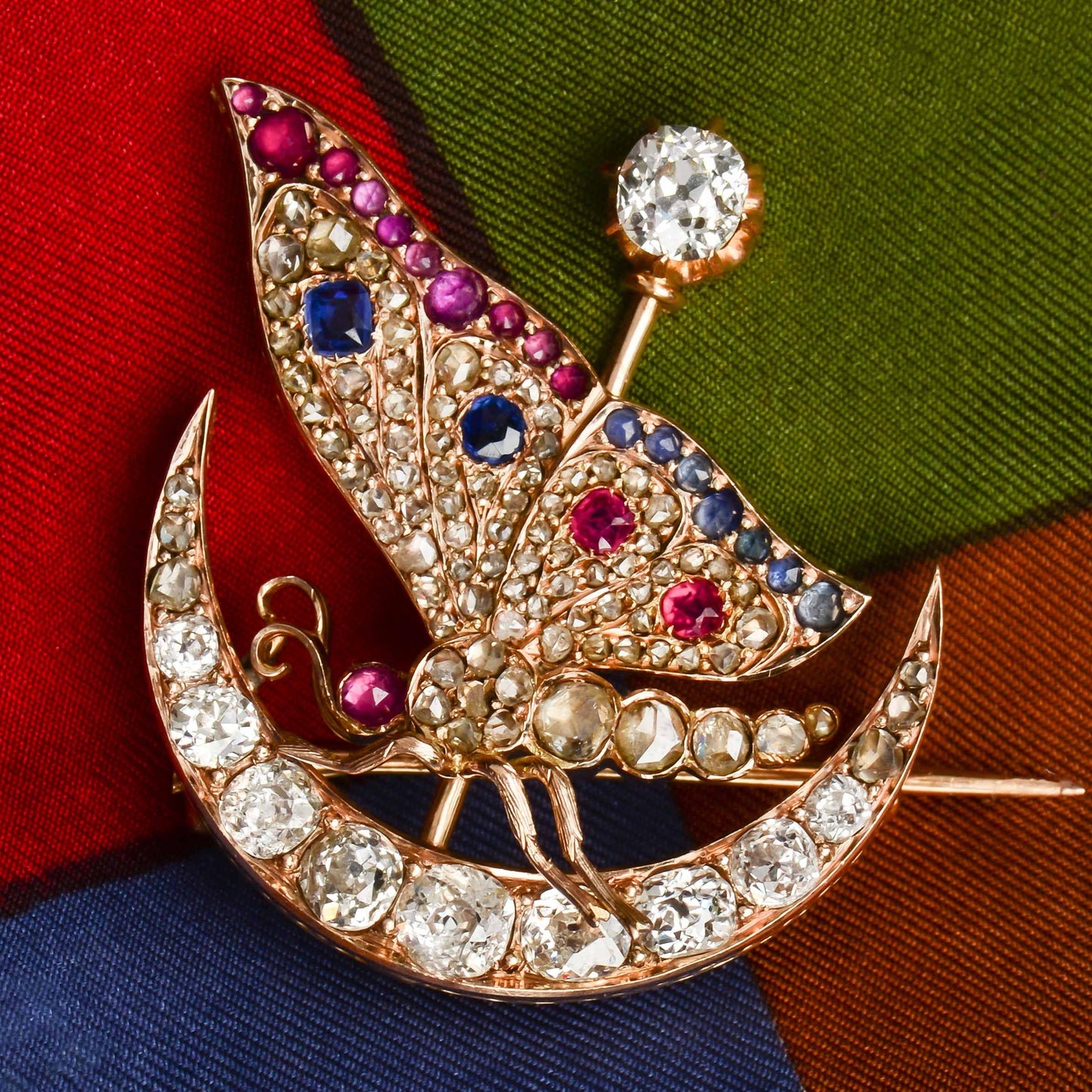 Exquisite Diamond Ruby Sapphire Antique Butterfly Brooch