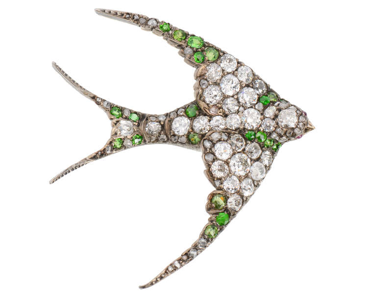 Demantoid Garnet Diamond Swallow Bird Brooch