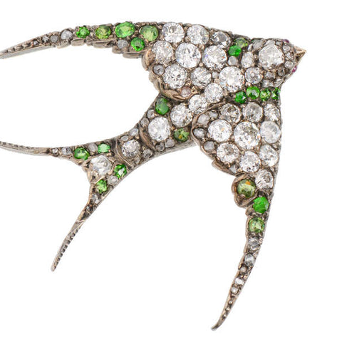 Demantoid Garnet Diamond Swallow Bird Brooch