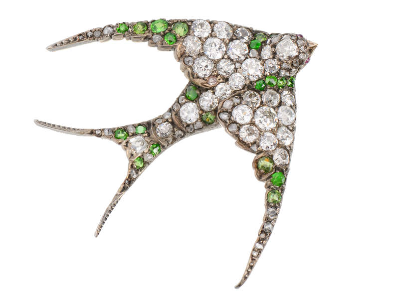 Demantoid Garnet Diamond Swallow Bird Brooch
