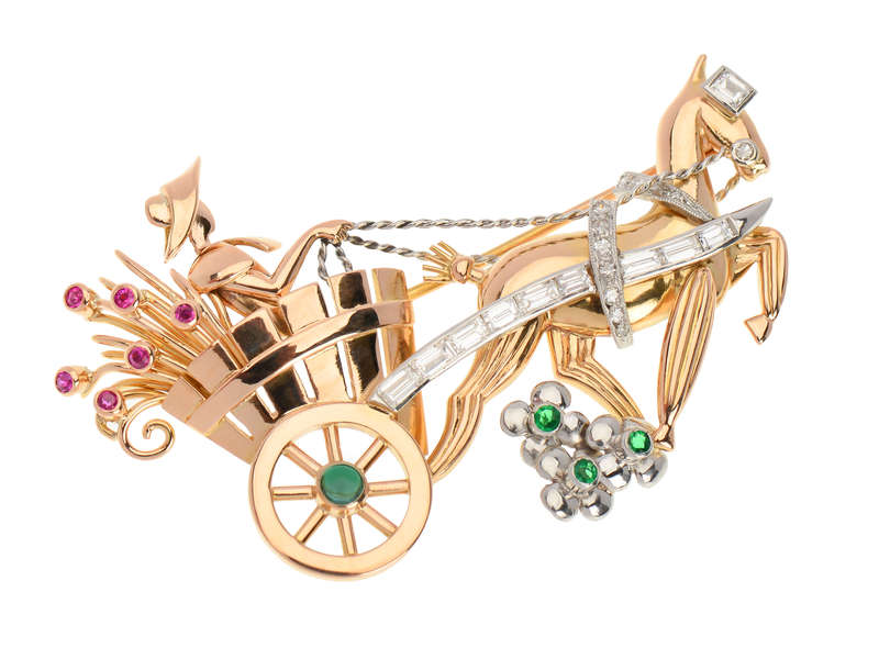 Retro Era Gold Flower Cart & Donkey Brooch