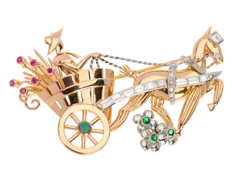 Retro Era Gold Flower Cart & Donkey Brooch