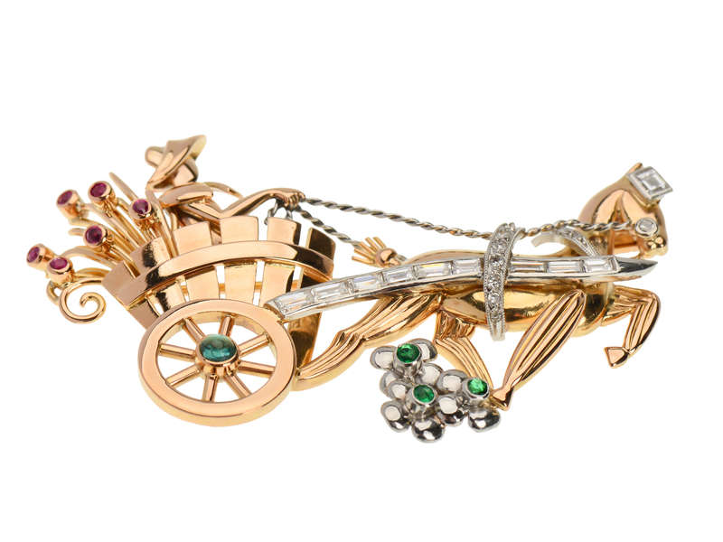 Retro Era Gold Flower Cart & Donkey Brooch