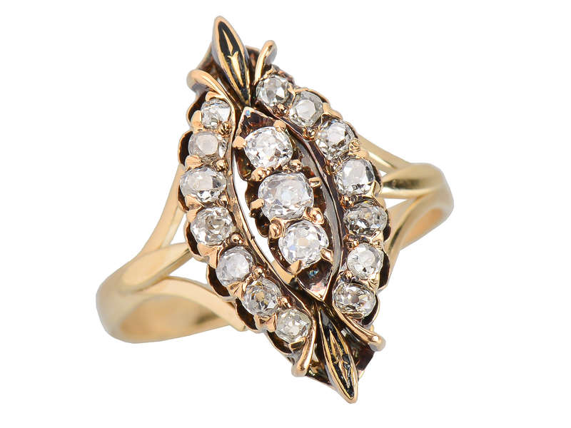 Old Mine Cut Diamond Marquise Shaped Ring