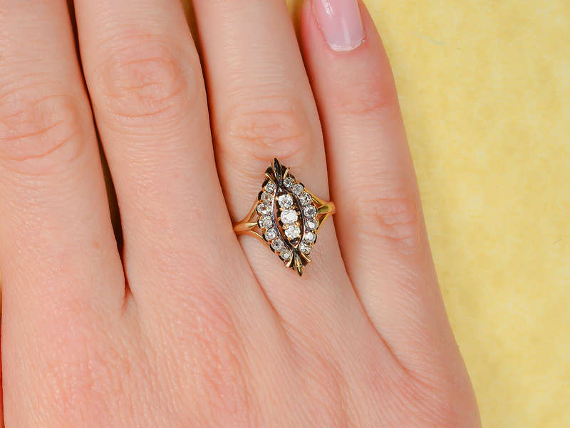 Old Mine Cut Diamond Marquise Shaped Ring