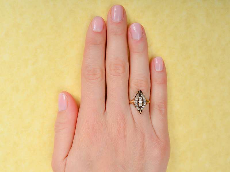 Old Mine Cut Diamond Marquise Shaped Ring