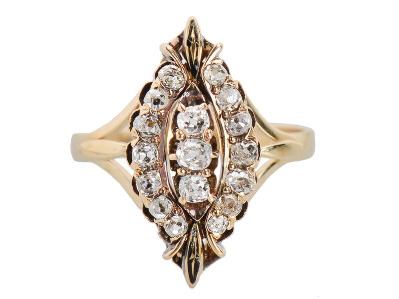 Old Mine Cut Diamond Marquise Shaped Ring