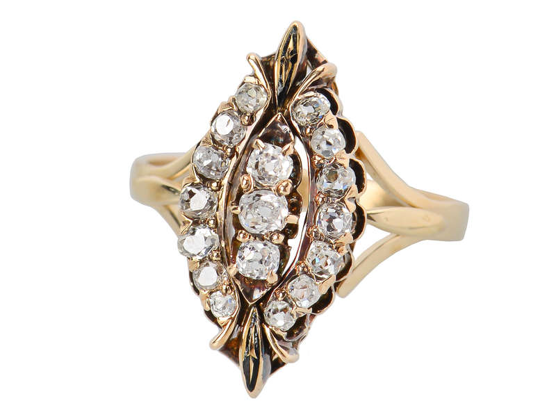 Old Mine Cut Diamond Marquise Shaped Ring