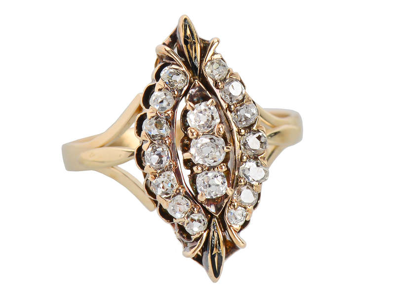 Old Mine Cut Diamond Marquise Shaped Ring