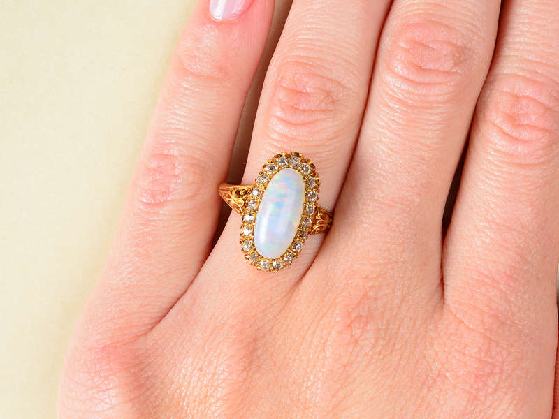 Antique Australian Opal Diamond Halo Ring