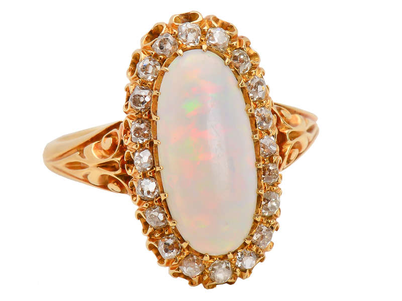 Antique Australian Opal Diamond Halo Ring
