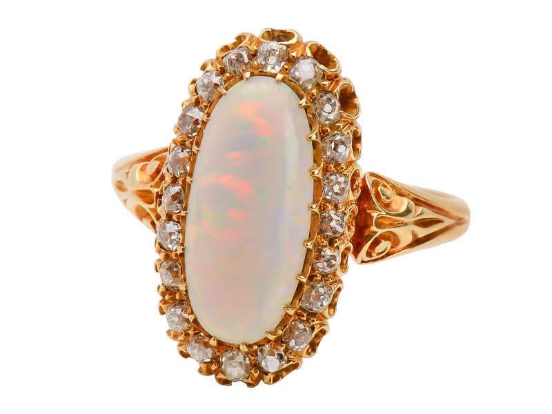 Antique Australian Opal Diamond Halo Ring