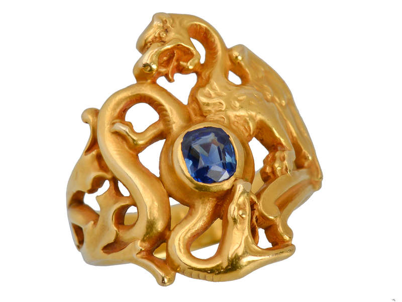 Rare Art Nouveau Sapphire Dragon & Snake Ring