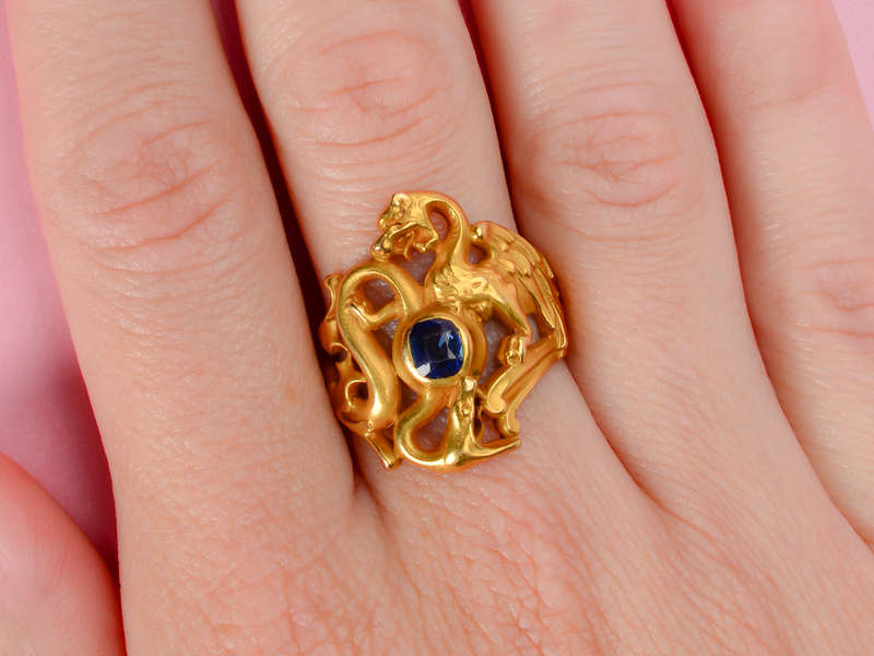 Rare Art Nouveau Sapphire Dragon & Snake Ring