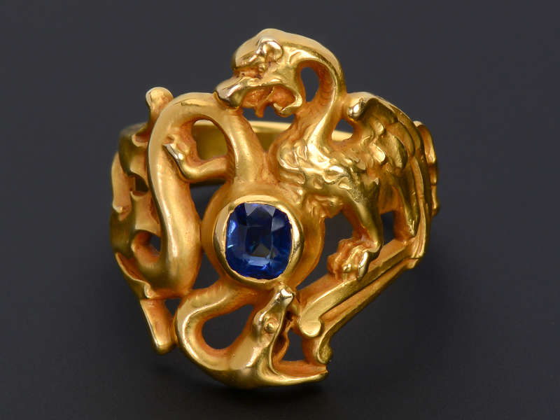 Rare Art Nouveau Sapphire Dragon & Snake Ring